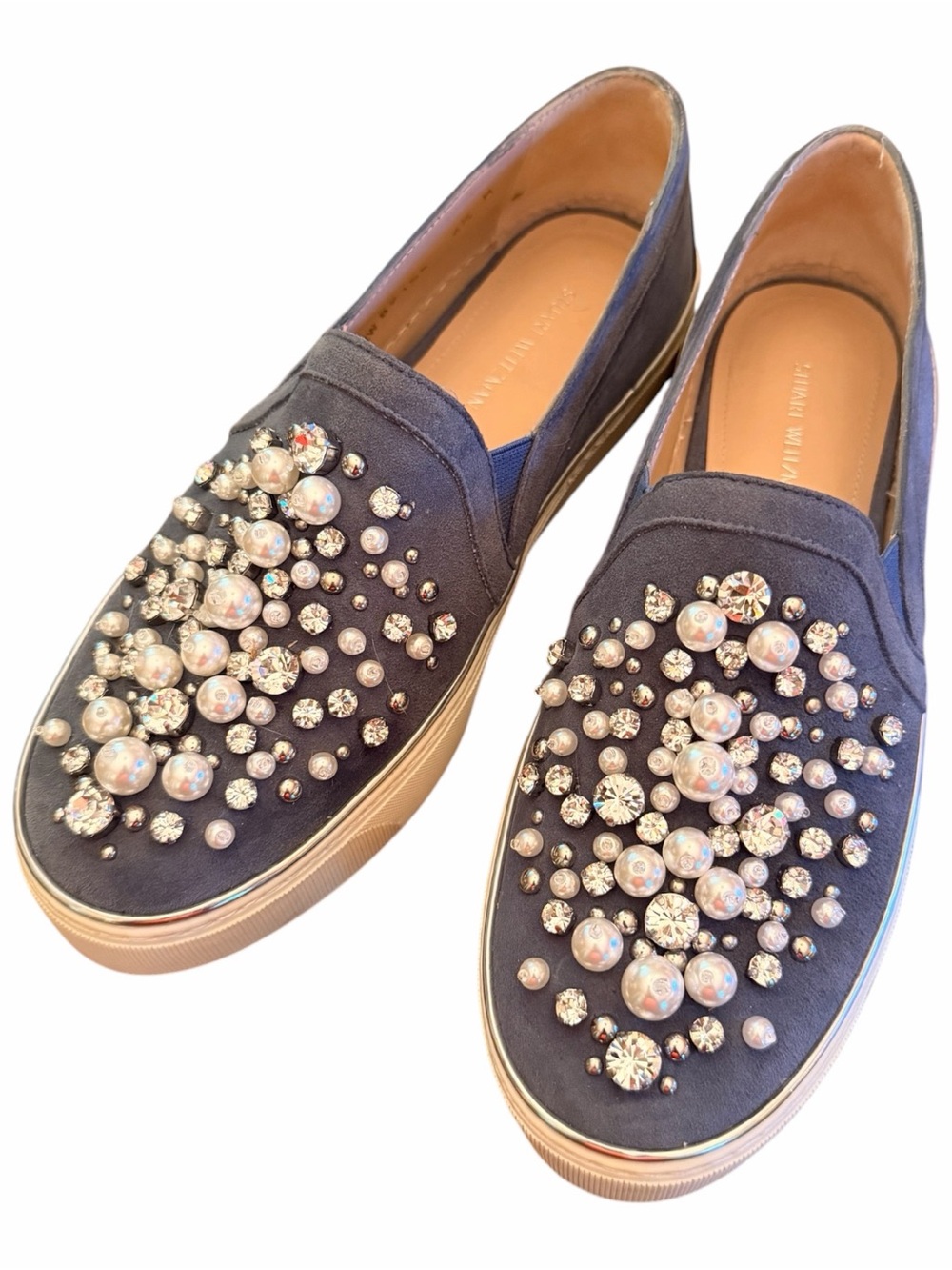 Stuart Weitzman Embellished Slip On Sneakers Blue Suede Pearl Crystal Size 6.5